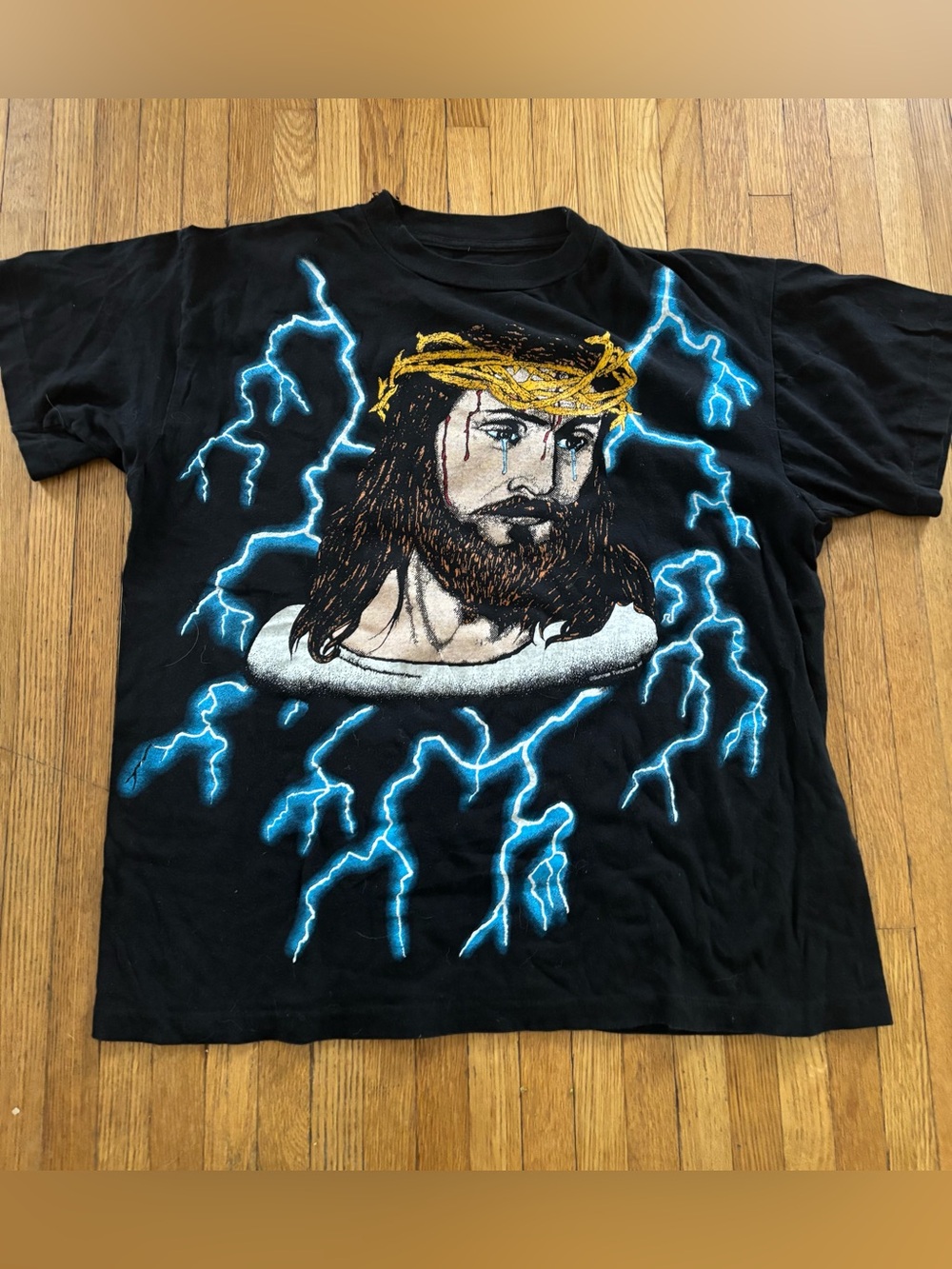 RARE Vintage 90’s Jesus American Thunder AOP Lightning Single Stitch T Shirt LG
